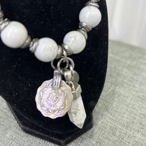 Unisex Howlite Gemstone Bracelet With Howlite Pendent and Silver Coin W/ Charm. - Picture 10 of 12